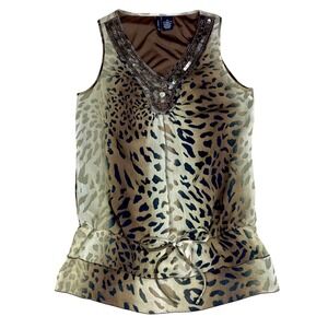 New Directions Leopard Print Chiffon Blouse Womens M Brown Embellished Evening